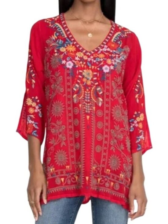 JOHNNY WAS Zillia Embroidered Top Boho Floral Tunic - Picture 1 of 17